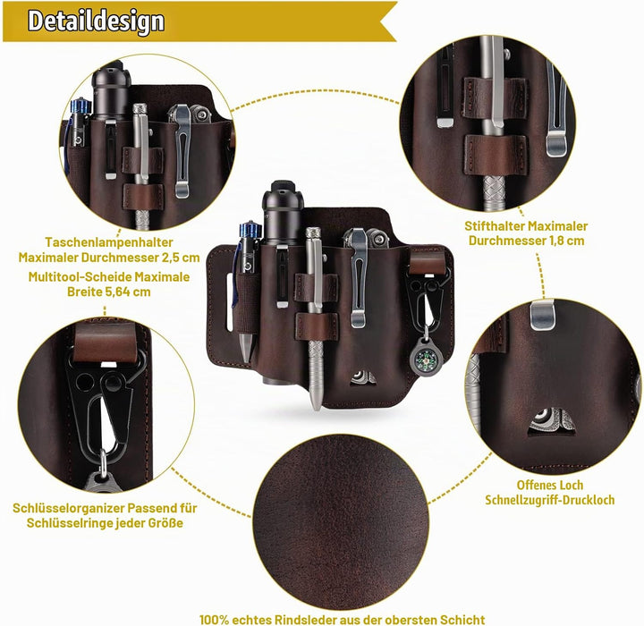 VIPERADE PJ35 EDC Lederscheide Multitool Scheide mit 3 Taschen, Werkzeuge Holster Messer Gürtelschei