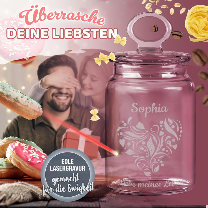 Print Royal PR Personalisierte Keksdose aus Glas mit Gravur - 800 ml - Liebe meines Lebens mit Name