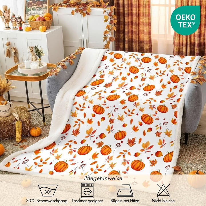 Halloween Kürbis Decke - Frohes Herbst Sherpa Fleece 130 x 150 cm - Süsse Herbstblumen Ahornblätter