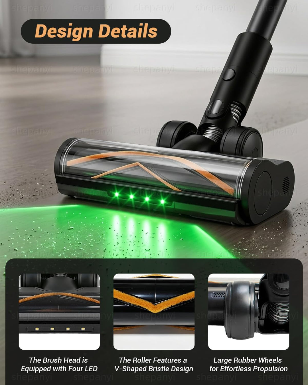Grüner LED Light Bodenbürste Kompatibel für Dreame Z30 R20 T20 T30 R30 Z10,Z20 V12 V12Pro T20pro V11