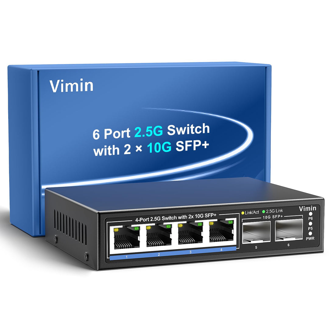 6 Port 2.5G Unmanaged Network Switch, VIMIN 4X 2.5Gbase-T Ports, 2X 10G SFP+ Port, 60Gbps Switching-