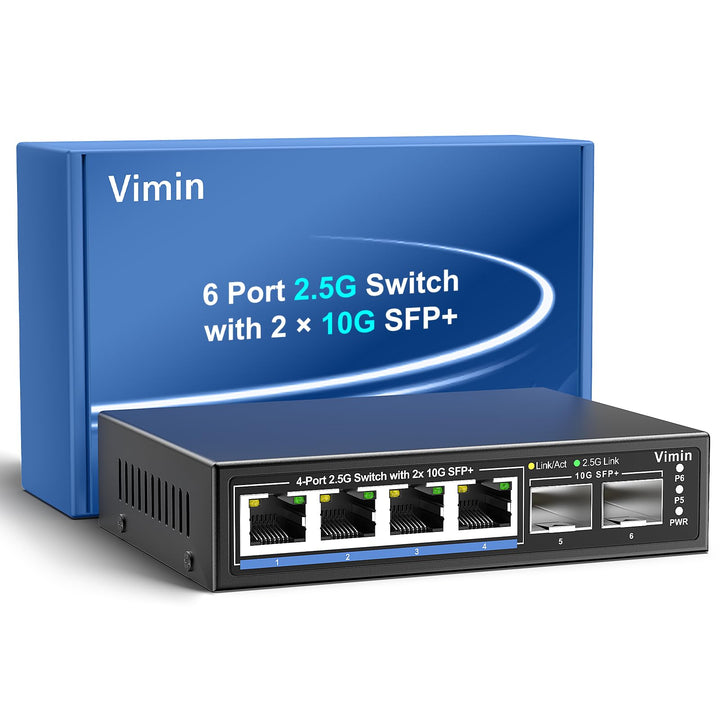 6 Port 2.5G Unmanaged Network Switch, VIMIN 4X 2.5Gbase-T Ports, 2X 10G SFP+ Port, 60Gbps Switching-