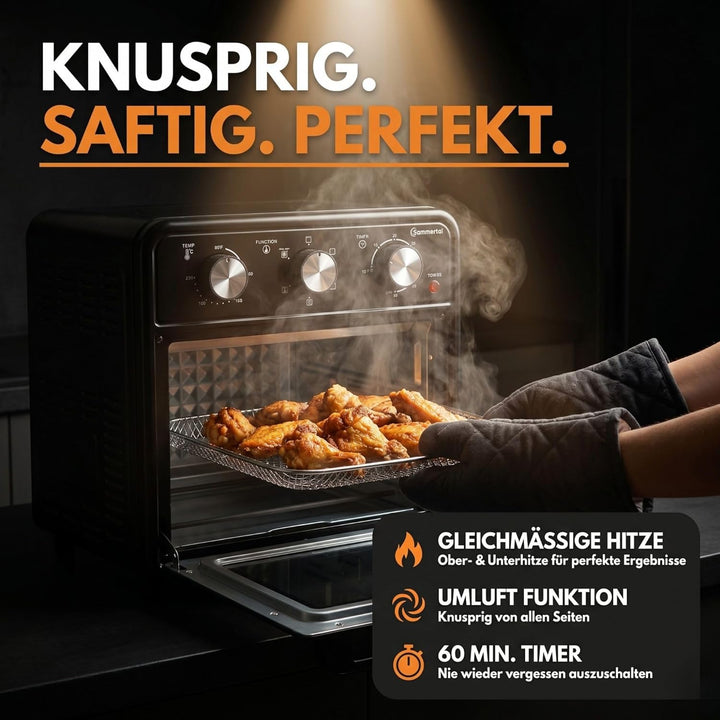 Sommertal Minibackofen 20 Liter mit Umluft & Heissluftfritteuse, Mini Backofen 1800W zum Backen, Gri