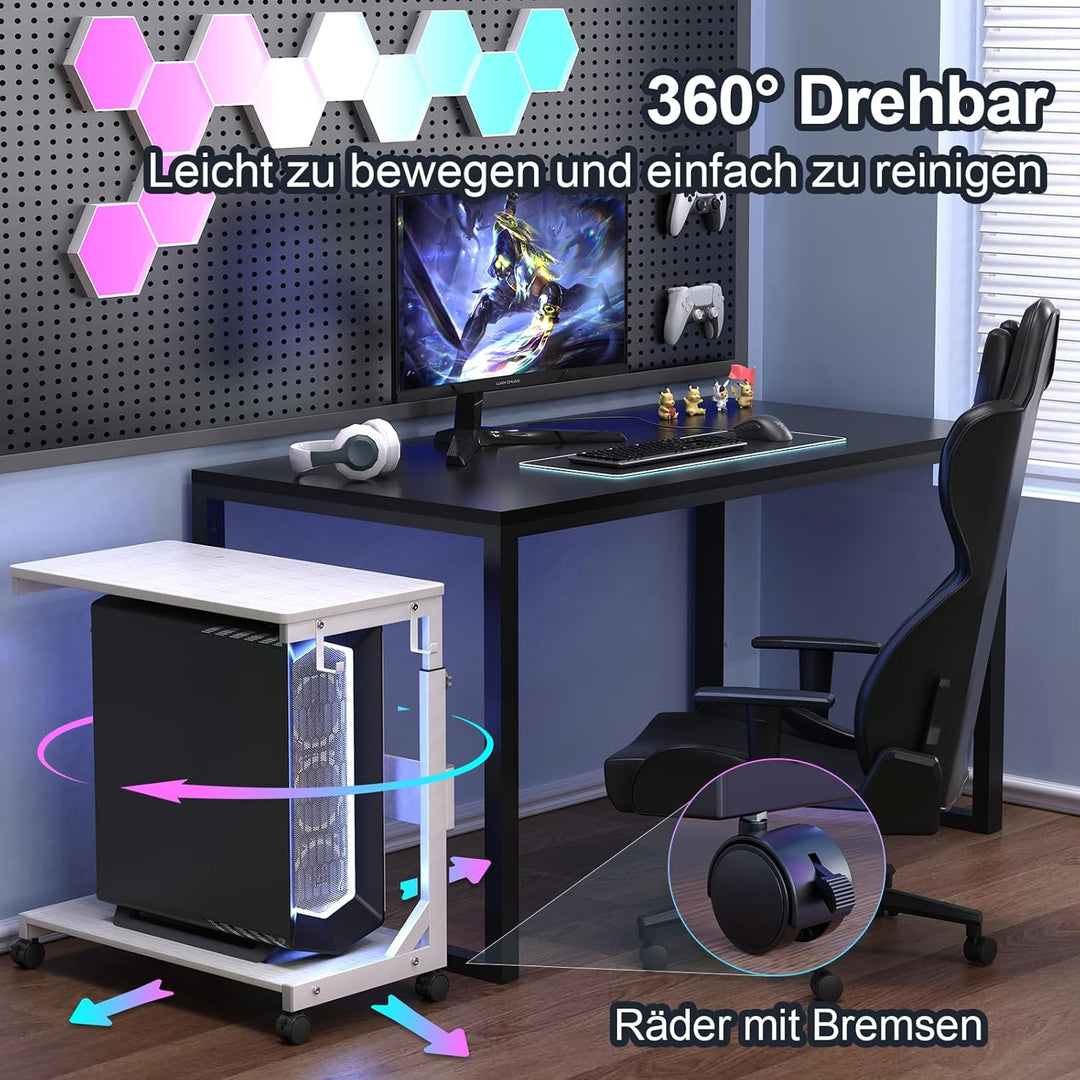 Höhenverstellbarer PC Ständer mit Rollen, 2 Haken, 2-stufig | Computer Tower Ständer, Druckerständer