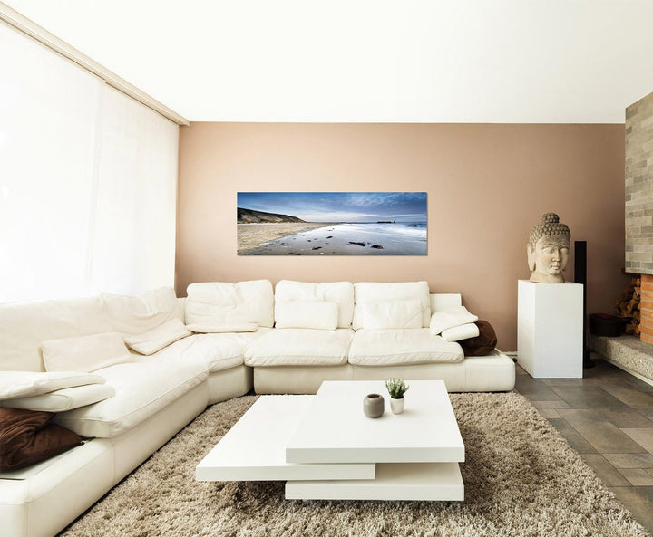 Paul Sinus Art Panoramabild auf Leinwand und Keilrahmen 150x50cm Endland Strand Felsen Meer Morgengr