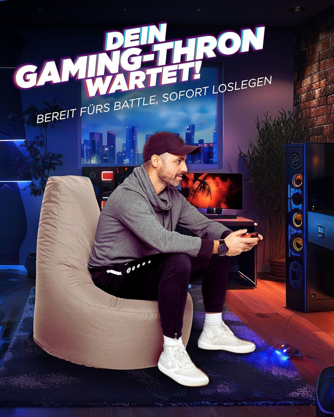 PATCH HOME Gamer Kissen & Lounge Sitzsack – befüllbar mit Reissverschluss, gefüllt mit Styropor, gee
