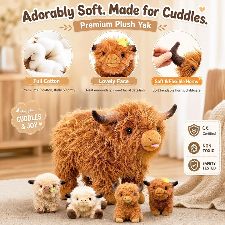 OUOZZZ 5 Stück Hochlandrind Kuscheltier Set, Weich Hochlandrind Plüschtier mit 4 Baby Hochlandrind S