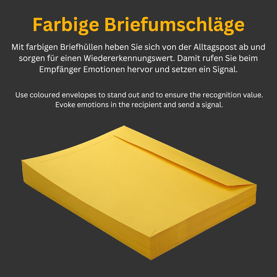 50 Stück, Farbige Briefumschläge, DIN C4, Haftklebung mit Abziehstreifen, Gerade Klappe, 130 g/qm Co