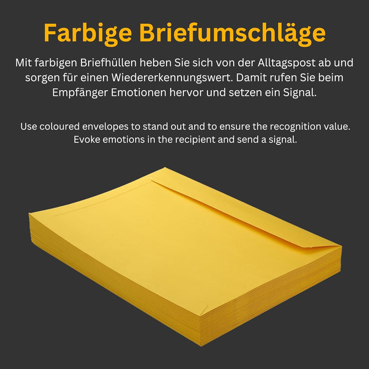 50 Stück, Farbige Briefumschläge, DIN C4, Haftklebung mit Abziehstreifen, Gerade Klappe, 130 g/qm Co