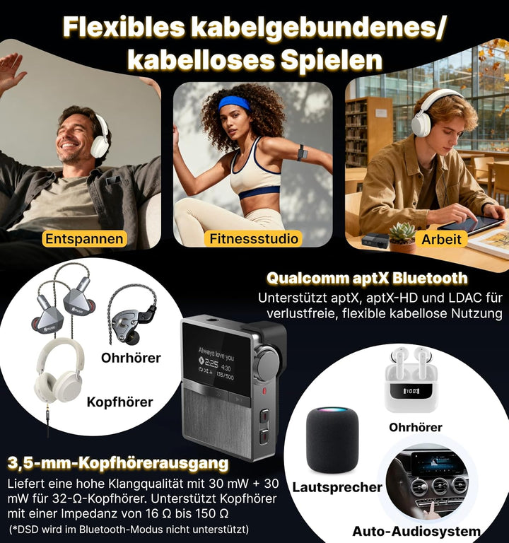 Hmusic P68 HiFi-MP3-Player mit Clip, verlustfreier DSD-Musik-Player mit hoher Auflösung, Bluetooth,
