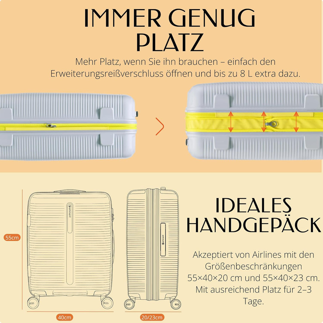 Eminent Finno Handgepäck Koffer 55x40x20 cm, Erweiterbar, Hartschalenkoffer, 4 Rollen, Leicht, TSA S
