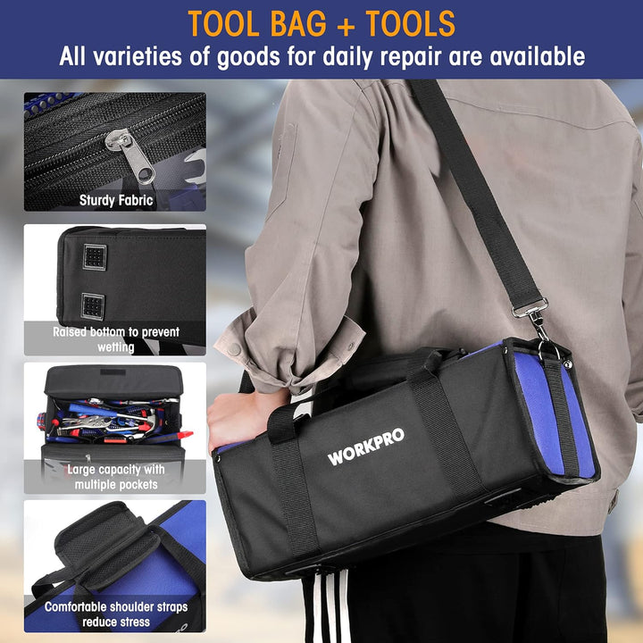 WORKPRO Universal Werkzeugset Haushalt 156-teilig inkl. Werkzeugtasche mit weiter Öffnung für Home R