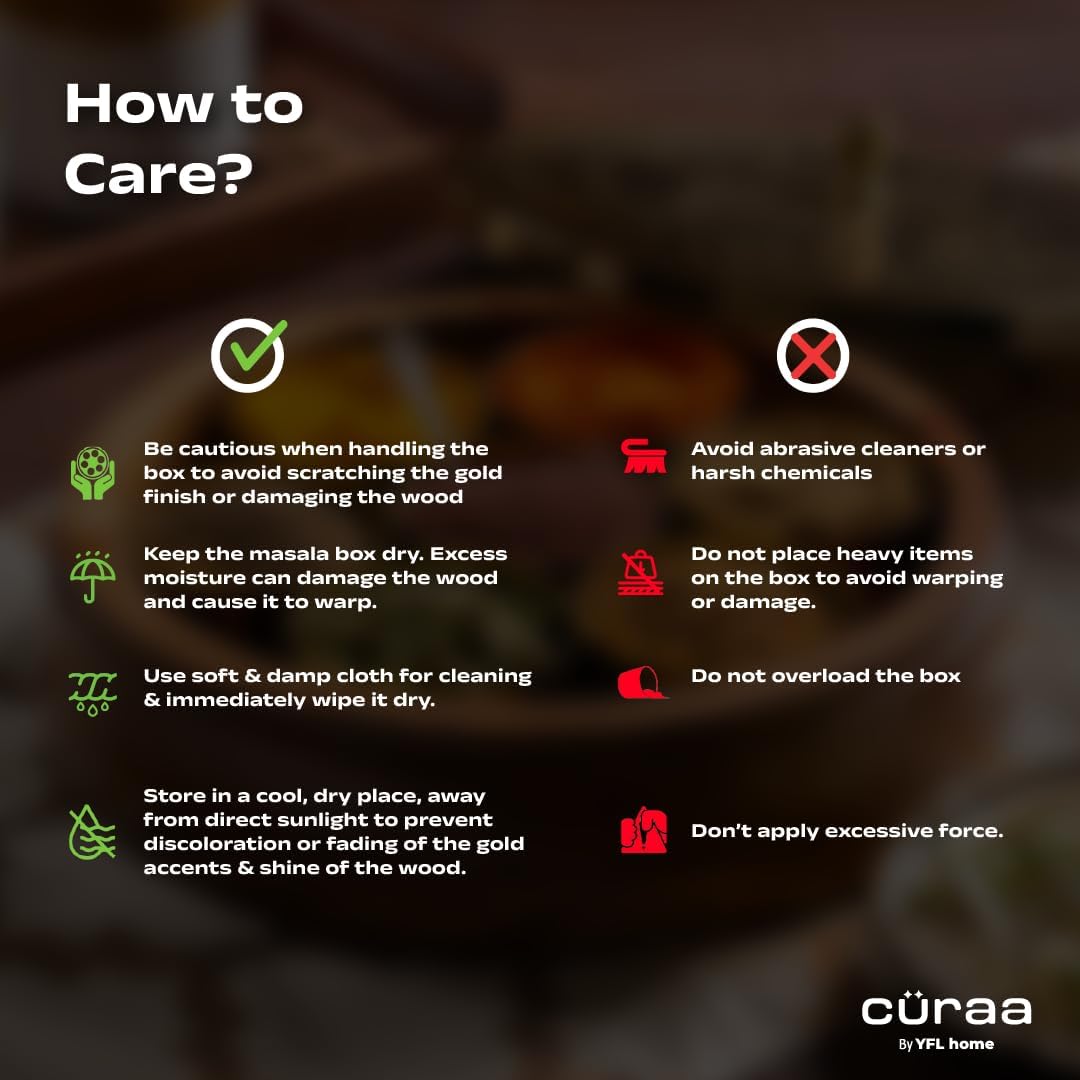 CÜRAA by YFL home Gewürzbox für Küche mit Löffel (Akazienholz, 7 abnehmbare Behälter, 120 ml) | Masa