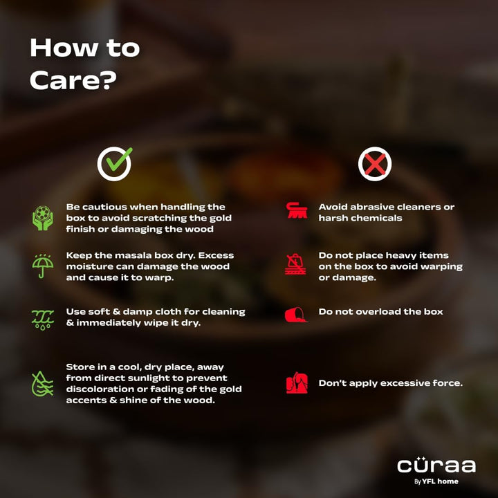CÜRAA by YFL home Gewürzbox für Küche mit Löffel (Akazienholz, 7 abnehmbare Behälter, 120 ml) | Masa