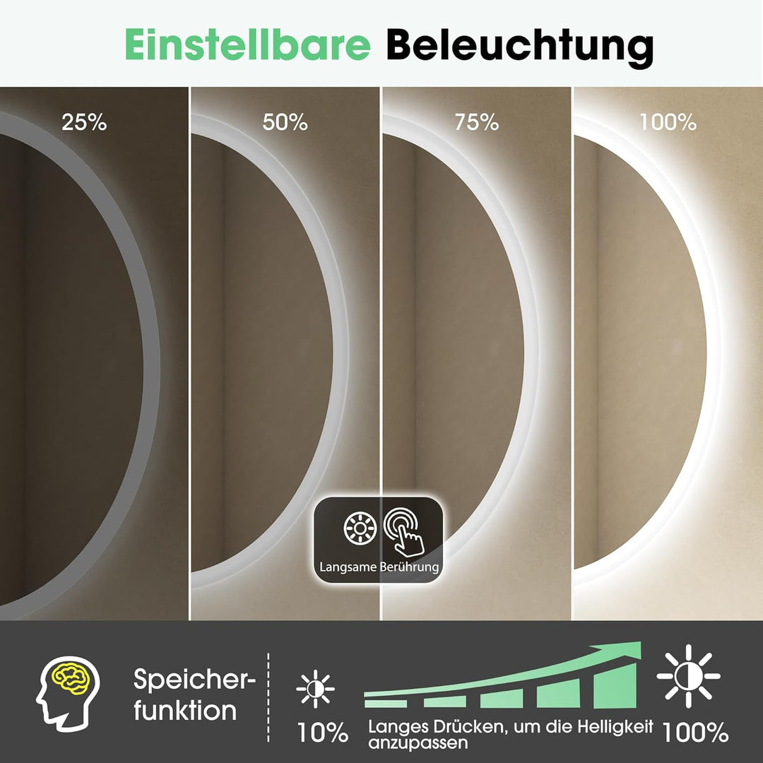 S'bagno Runder-Badspiegel-mit-Beleuchtung-90cm, Badezimmerspiegel-mit-Beleuchtung-und-Bluetooth, Ent