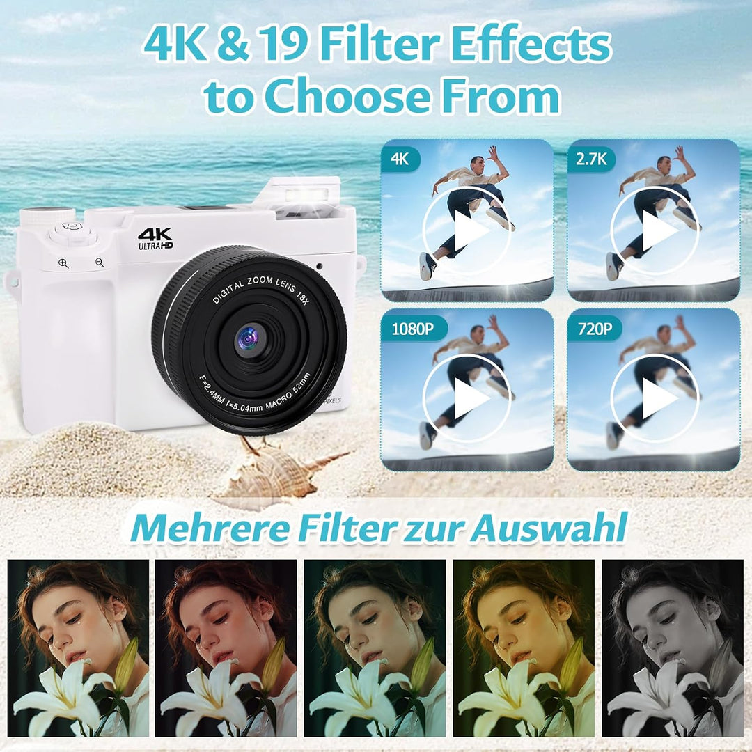 4K 75MP Digitalkamera mit WLAN, 3 Zoll LCD-Bildschirm Fotokamera mit 18X Zoom, Front und Rückobjekti