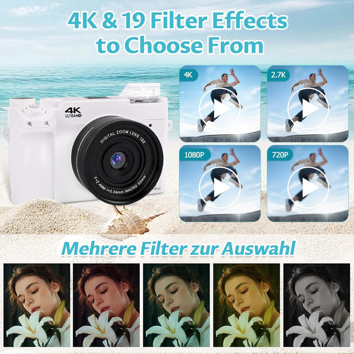 4K 75MP Digitalkamera mit WLAN, 3 Zoll LCD-Bildschirm Fotokamera mit 18X Zoom, Front und Rückobjekti