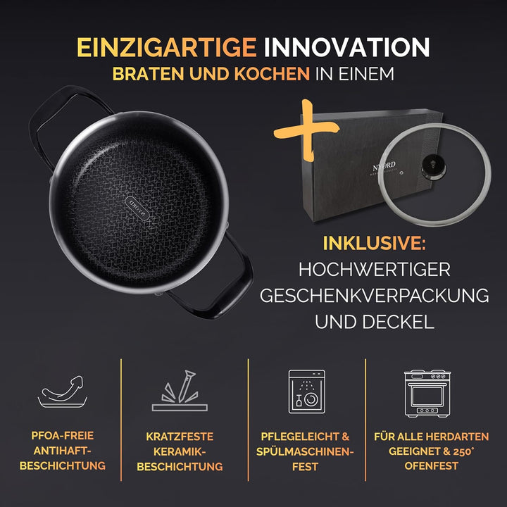 NYORD Edelstahltopf - Antihaft, Kratzfest, Kochtopf Wabenstruktur, Spülmaschinenfest, Hybrid Topf, K