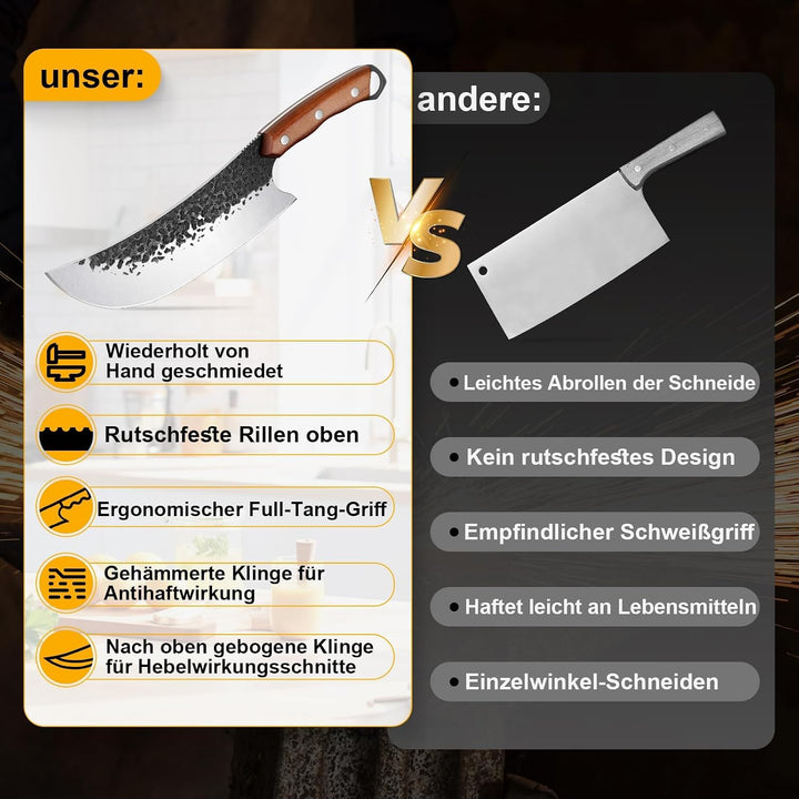Purple Dragon Messer, Handgeschmiedetes Fleischmesser mit Lederscheide, Ultra Scharfes ATS-34 Hackme
