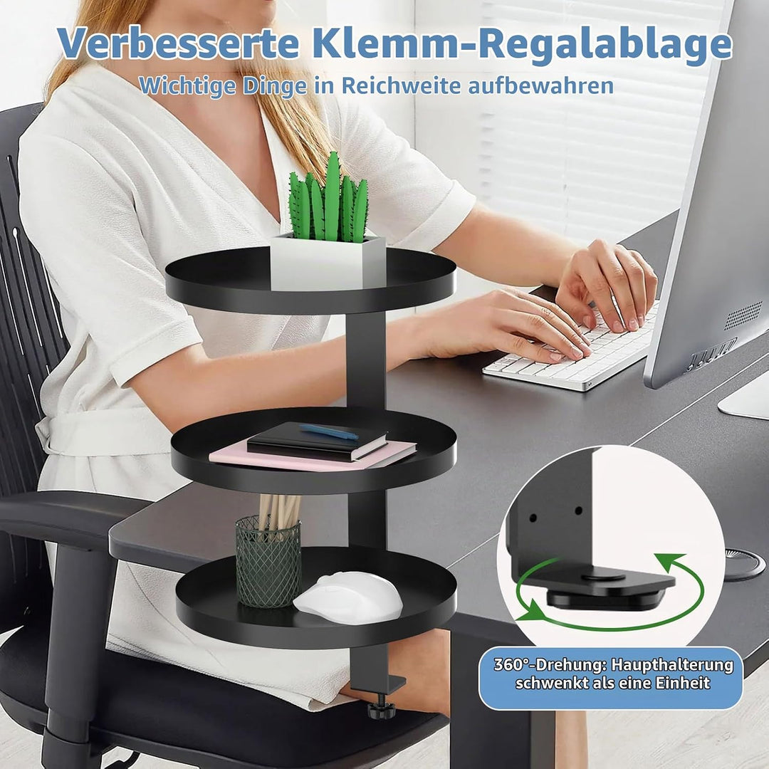 3 Stufen Clamp-On Schreibtisch Regalaufsatz mit Verstellbarem Ablagefach 360 Drehbar Unter Schreibti