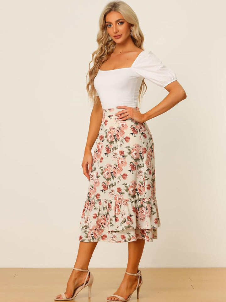 Allegra K Damen Röcke Röcke M Beige, Rosa, Blumenmuster, M Beige, Rosa, Blumenmuster