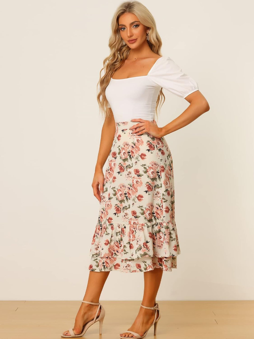 Allegra K Bedruckter Damenrock, Chiffon, elastische Taille, Rüschen, gestuft, fliessend, Midi-Röcke