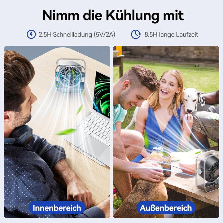 KIMMOO USB-Tischventilator Wiederaufladbar, Leiser Tischventilator mit Turbo-Luftstrom, 100 Geschwin