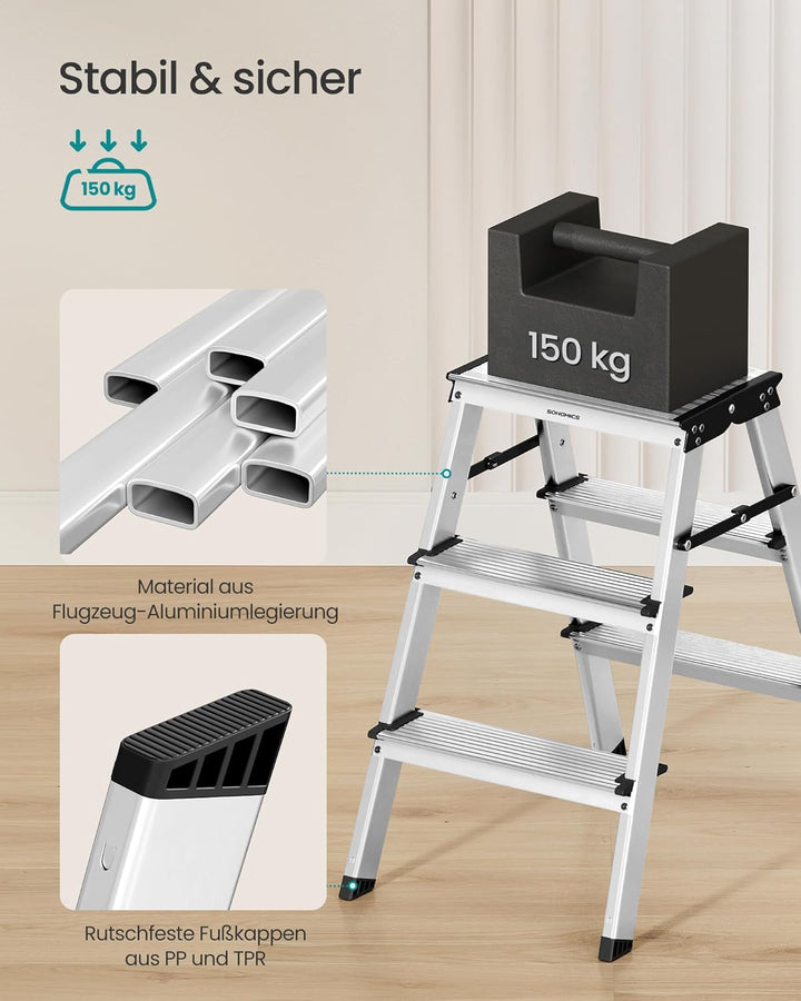 SONGMICS Leiter, Trittleiter, Aluleiter mit 3 Stufen, Stehleiter, Mehrzweckleiter, bis 150 kg belast