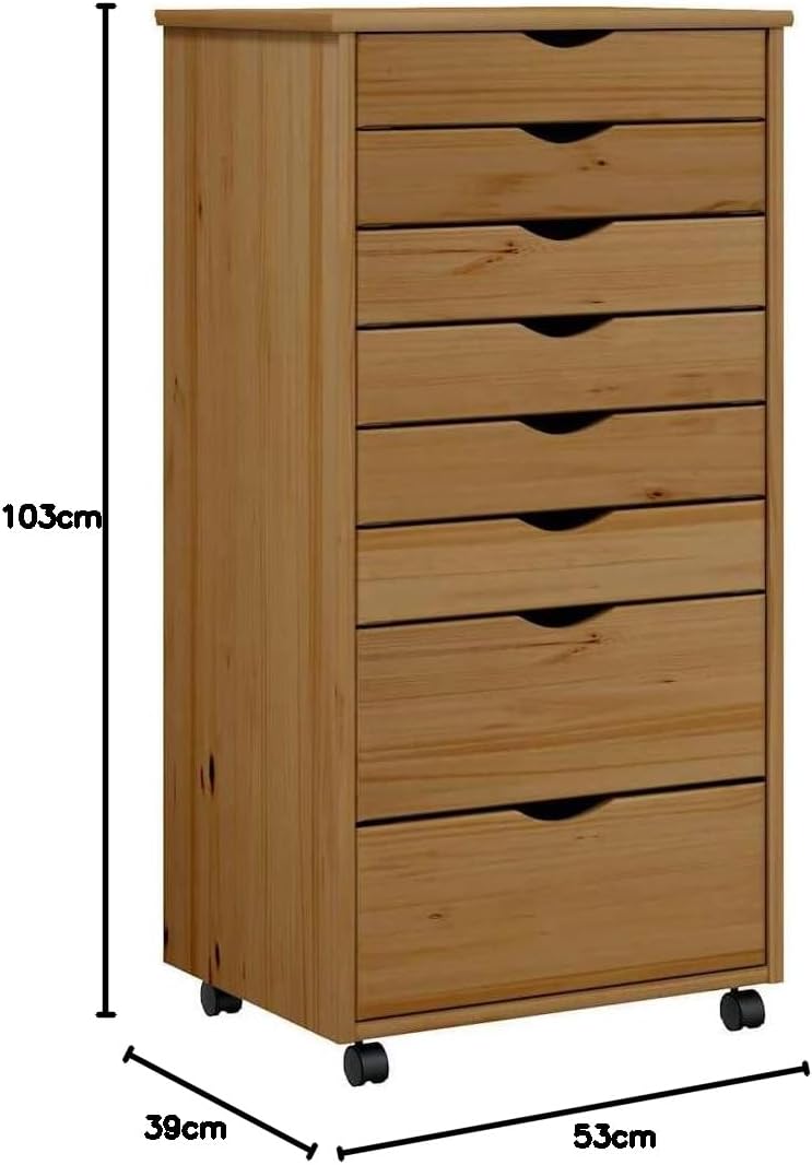 Rollschrank mit Schubladen Moss Honigbraun Massivholz Kiefer Rollcontainer mit 8 Schubladen, Mobiler