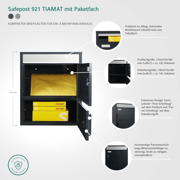 Paket-Briefkasten mit 4 Schlüsseln Safepost 921 Tiamat silber-grau (RAL 9006) moderner Briefkasten m