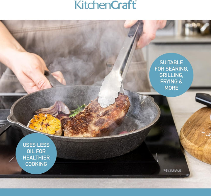 KitchenCraft Gusseiserne Grillpfanne, Induktionssicher, Rund, Gusseisen, 24 cm