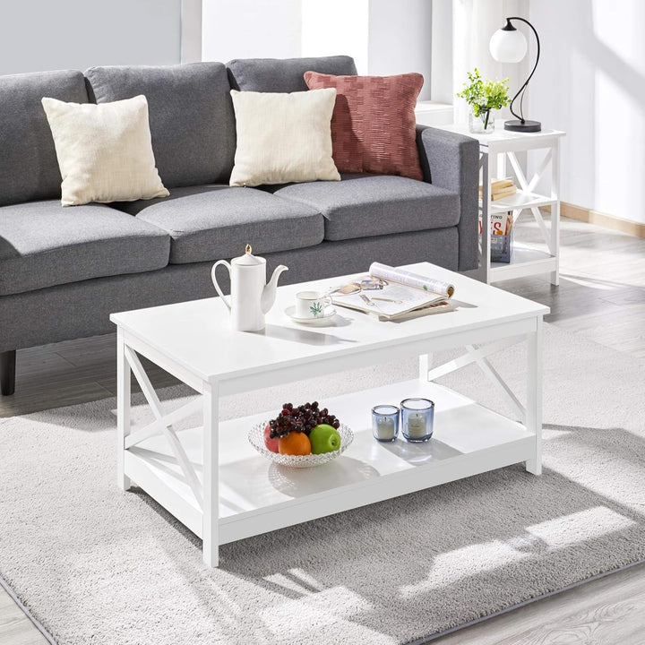 Yaheetech Couchtisch Kaffeetisch mit 2 Ablagen Sofatisch X-Form Stütze Wohnzimmertisch aus Holz Einf