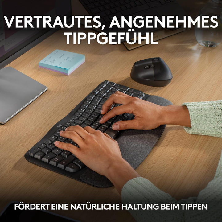 Logitech Wave Keys kabellose ergonomische Tastatur, gepolsterte Handballenauflage, komfortables natü