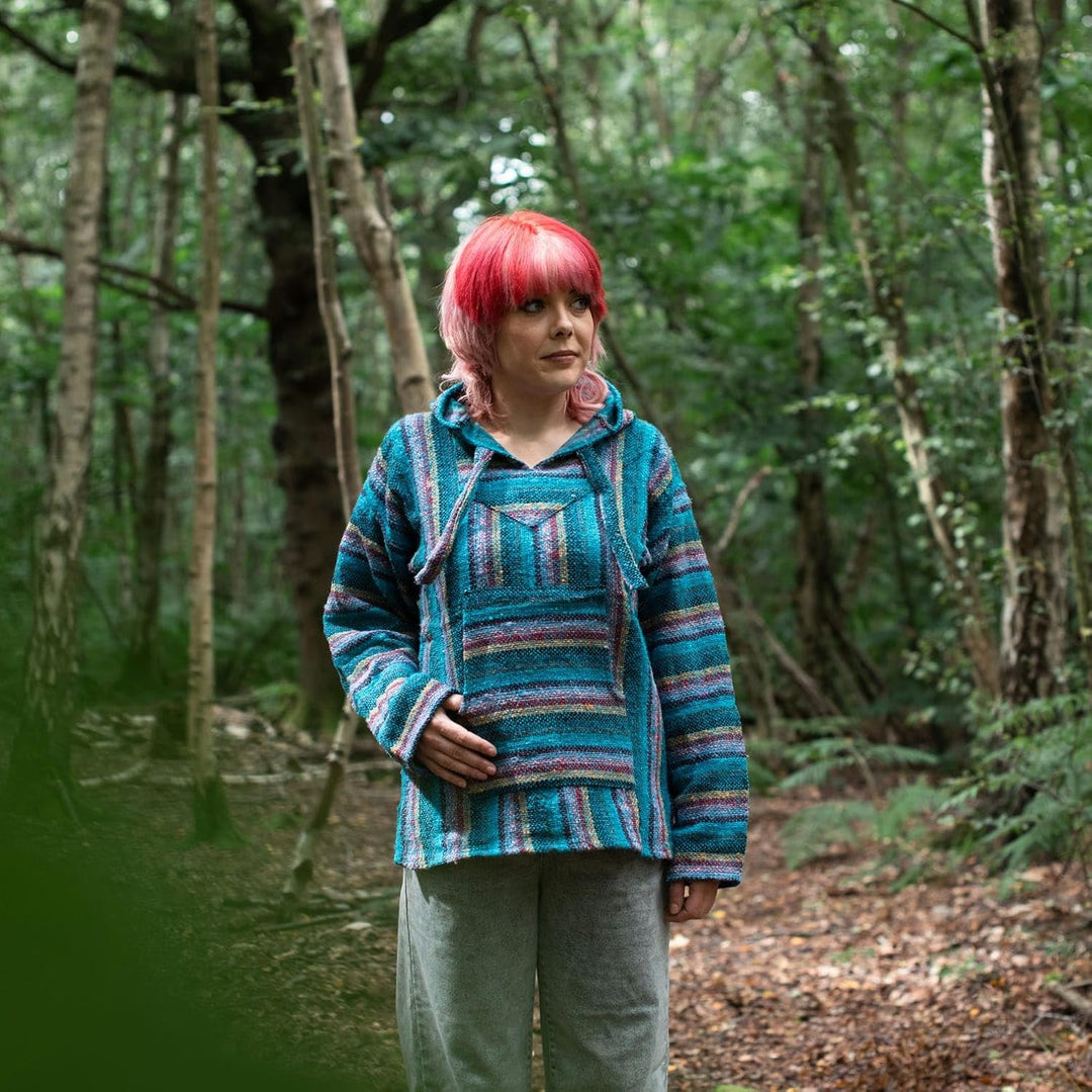 Siesta Baja Hoodie – Mexikanischer Jerga Hippie Pulli Kapuzenpullover für Herren und Damen M Buntes