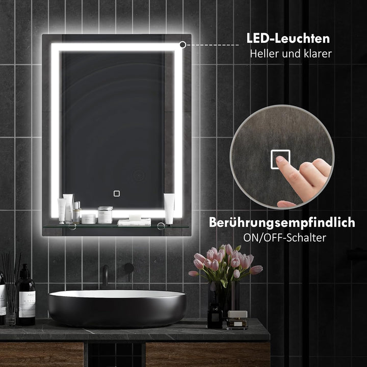 kleankin LED Badspiegel 22W Badezimmerspiegel mit Glas-Ablage Beleuchtung Wandspiegel mit Touch-Scha
