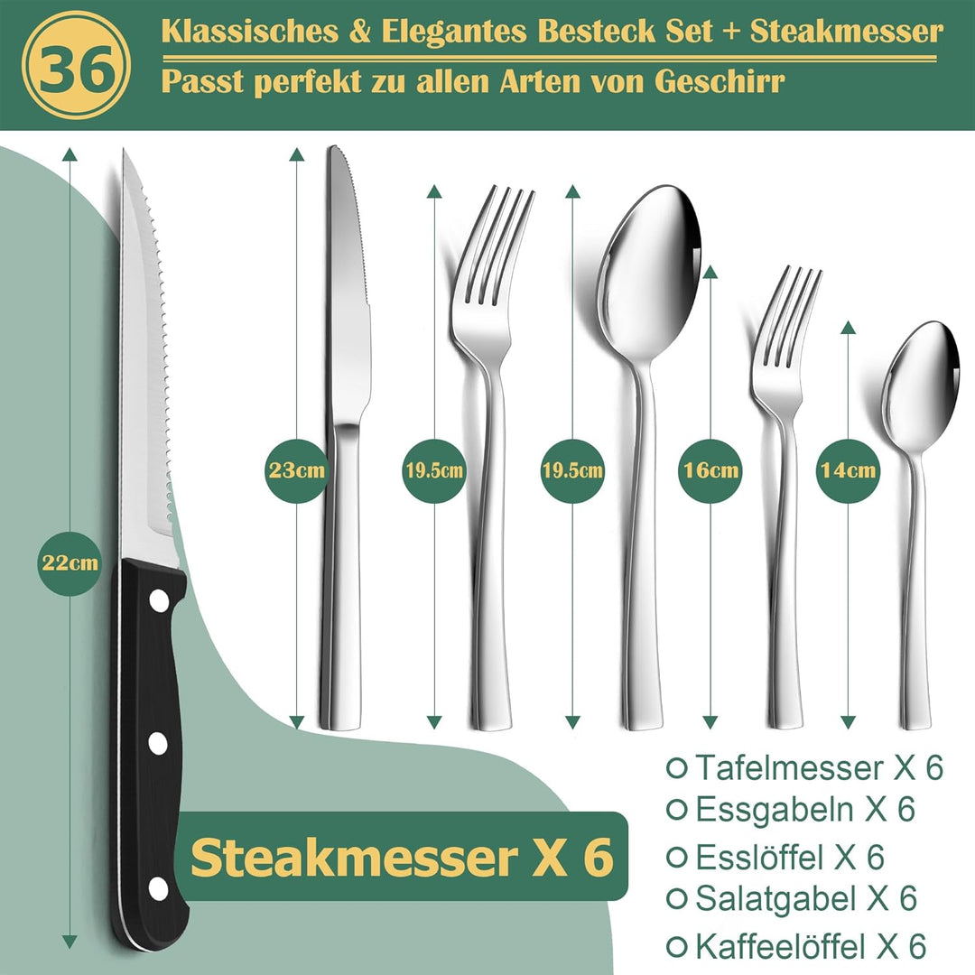 Besteck Set 6 Personen, HaWare 36-teilig Besteck Set mit Steakmesser, Edelstahl Besteckset mit Messe