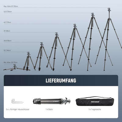 NEEWER LITETRIP LT38 61" Kamera Reisestativ aus Kohlefaser 360° Schwenk/Neige niedrige Profil Kugelk