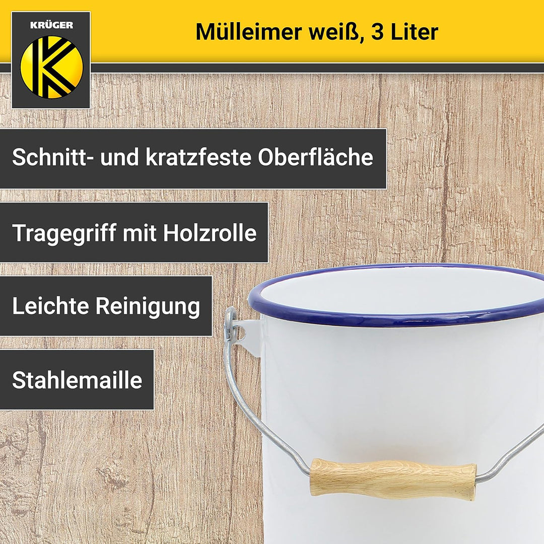 KRÜGER Mülleimer mit Deckel - Stahl Abfalleimer mit Emaille-Beschichtung und Holzgriff - schnitt- un