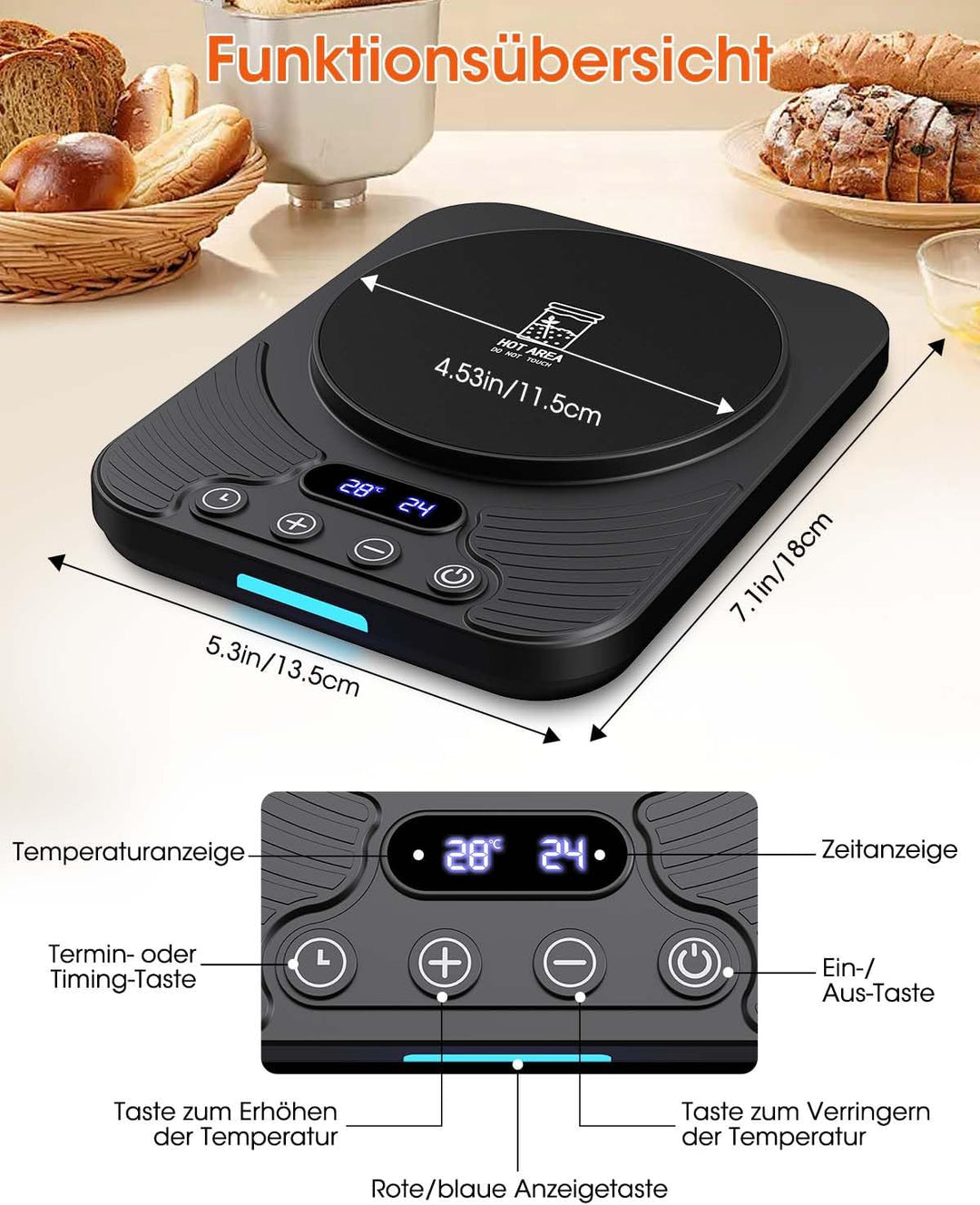 Sauerteigstarterwärmer, Wärmeplatte Präzise 1℃ Thermostat (21-43℃), 24H Timer, Automatische EIN/Aus-