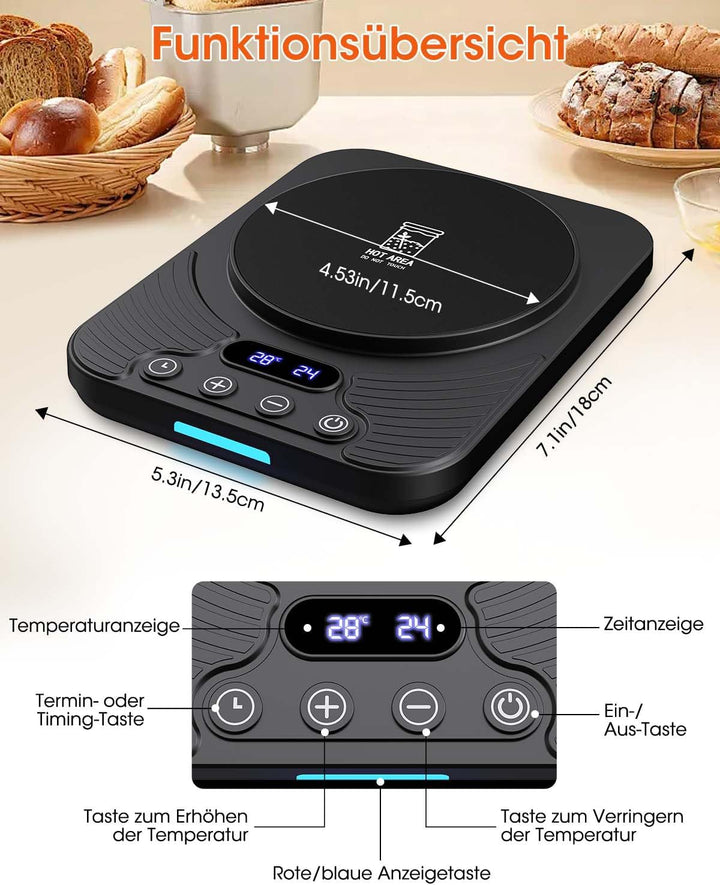 Sauerteigstarterwärmer, Wärmeplatte Präzise 1℃ Thermostat (21-43℃), 24H Timer, Automatische EIN/Aus-