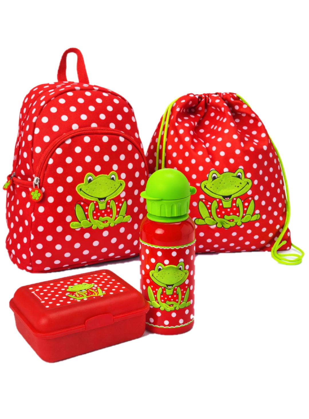 Spiegelburg Kindergarten Rucksack Set 4tlg. mit Turnbeutel, Brotdose und Trinkflasche Fröhliche Tupf