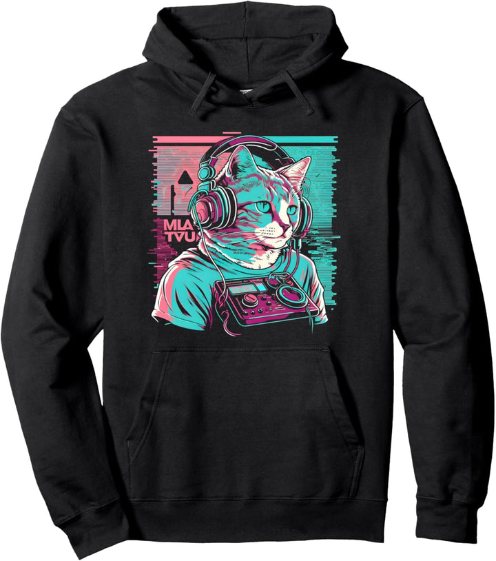 House DJ Cat 80er 90er Kätzchen Sunset Rainbow DJ Cat Kitty Pullover Hoodie