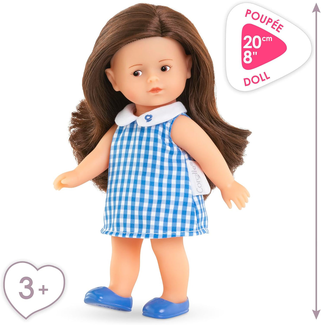 Les Trendies Mini Corolline Romy brünett, Vollvinylpuppe mit langem Haar und Karokleid in Geschenkbo
