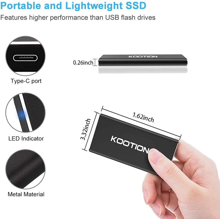 KOOTION Externe Festplatte SSD 500GB, Externe Portable SSD Hard Drive USB 3.1 Typ-C Schnell Solid St