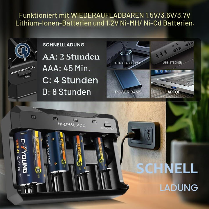 Wiederaufladbare D Batterien mit USB Typ-C Universalladegerät, 4er-Pack 1,5V Lithium D-Zelle 11000mW