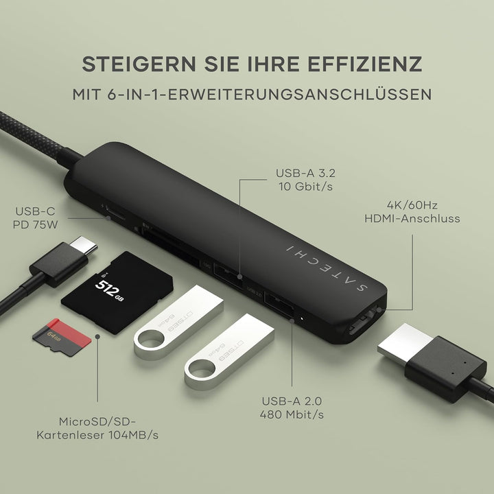 SATECHI 6-in-1 USB-C Hub Slim Plus, HDMI 4K mit 60Hz, 100W PD, 2X USB-A, SD/MicroSD – Für MacBook Ai