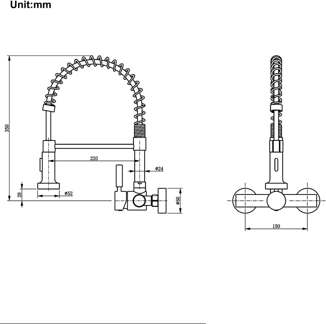 Küchenarmatur Wandmontage mit Herunterziehbare Brause, Hoch Gebogen Wandarmatur mit 2 Strahlarten, 3