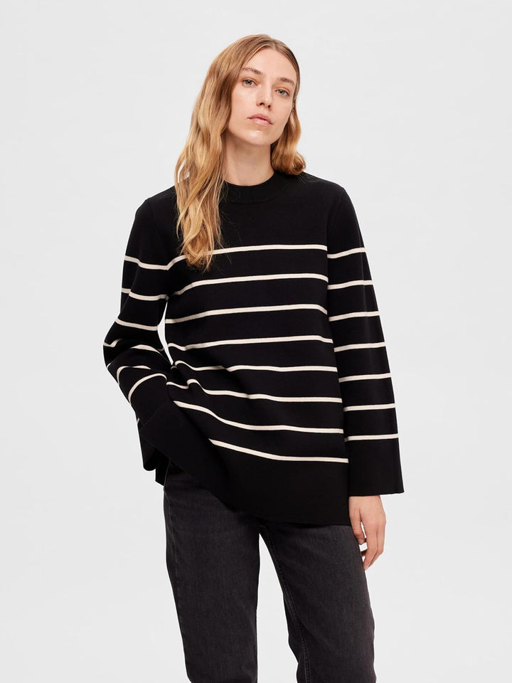Selected Femme Female Strickpullover Oversize S Black/Stripes:birch, S Black/Stripes:birch
