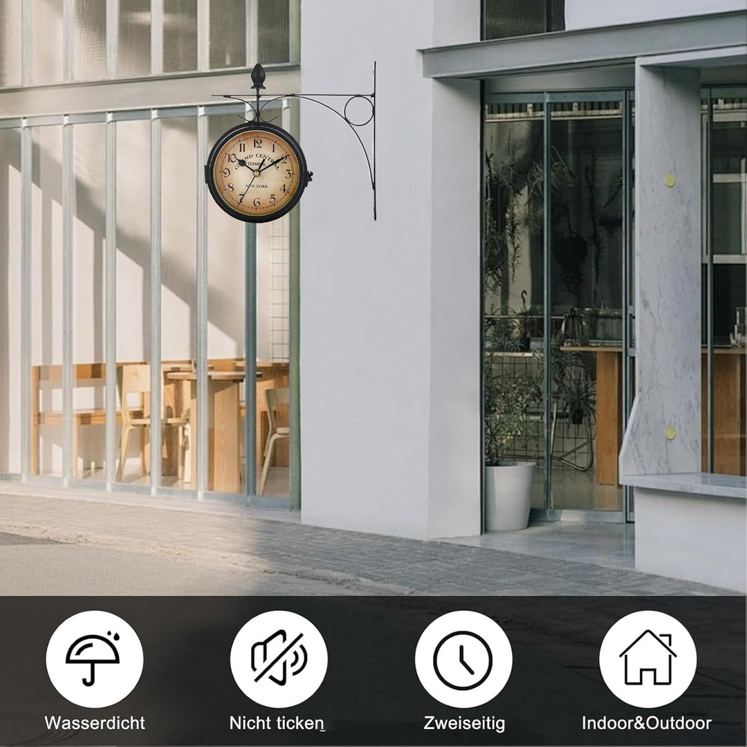 Syfunlv Vintage Bahnhofsuhr,Zweiseitige Wanduhr,21,8 * 21,8 cm,Wetterfest, Runde Wanduhr für Garten,