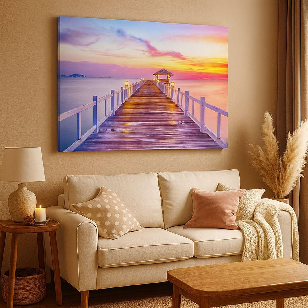 Bilder auf Leinwand 100x70cm Leinwandbild Sonnenuntergang Wasser Brücke Horizont Gross Wanddeko Bild